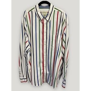 Vintage 90s Eddie Bauer Striped Button Down Long Sleeve White Red Green Shirt XL